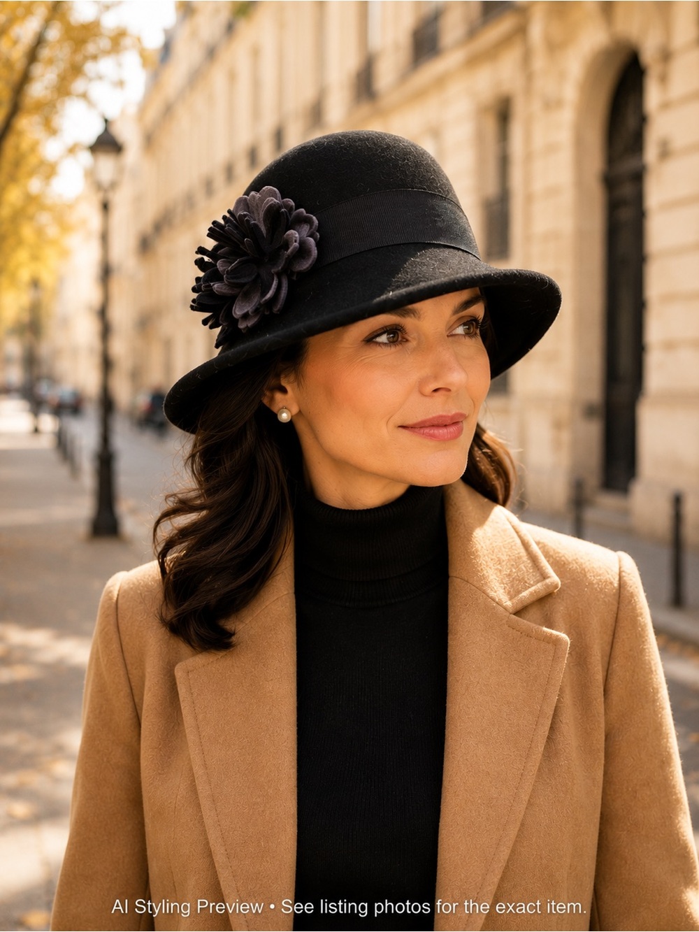 100% Wool Black Cloche Hat Floral Trim Ribbon Church Tea Party M